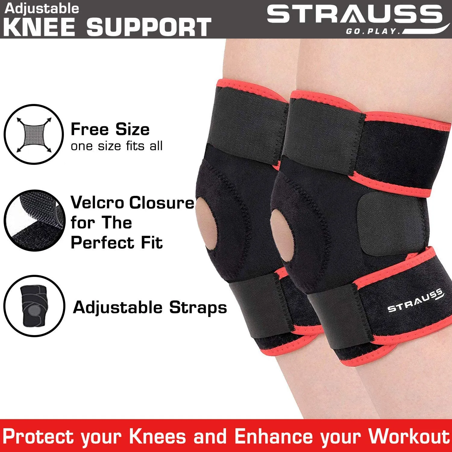 Strauss Adjustable Knee Support Patella, Free Size (Black), Pair With Face Protection Mask, Non Vent, Medium , (Black)