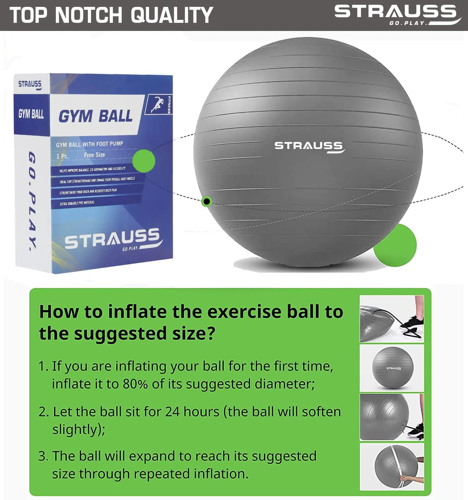 STRAUSS Anti-Burst Rubber Gym Ball with Free Foot Pump | Round Shape Swiss Ball for Exercise, Workout, Yoga, Pregnancy, Birthing, Balance & Stability, 65 cm, (Grey)