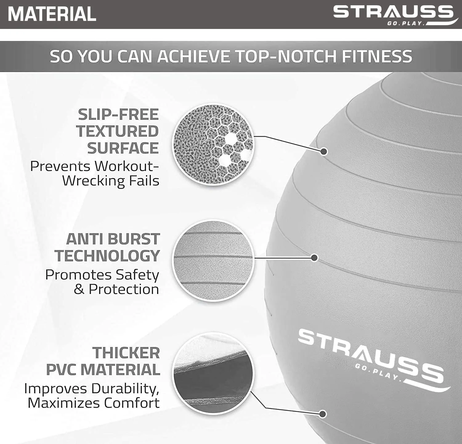 STRAUSS Anti-Burst Rubber Gym Ball with Free Foot Pump | Round Shape Swiss Ball for Exercise, Workout, Yoga, Pregnancy, Birthing, Balance & Stability, 65 cm, (Grey)