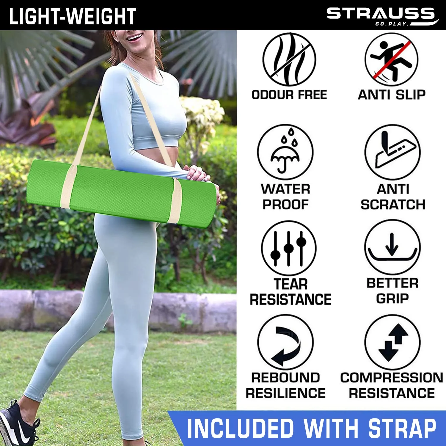 Strauss Anti Skid EVA Yoga Mat with Carry Strap, 6mm, (Green)