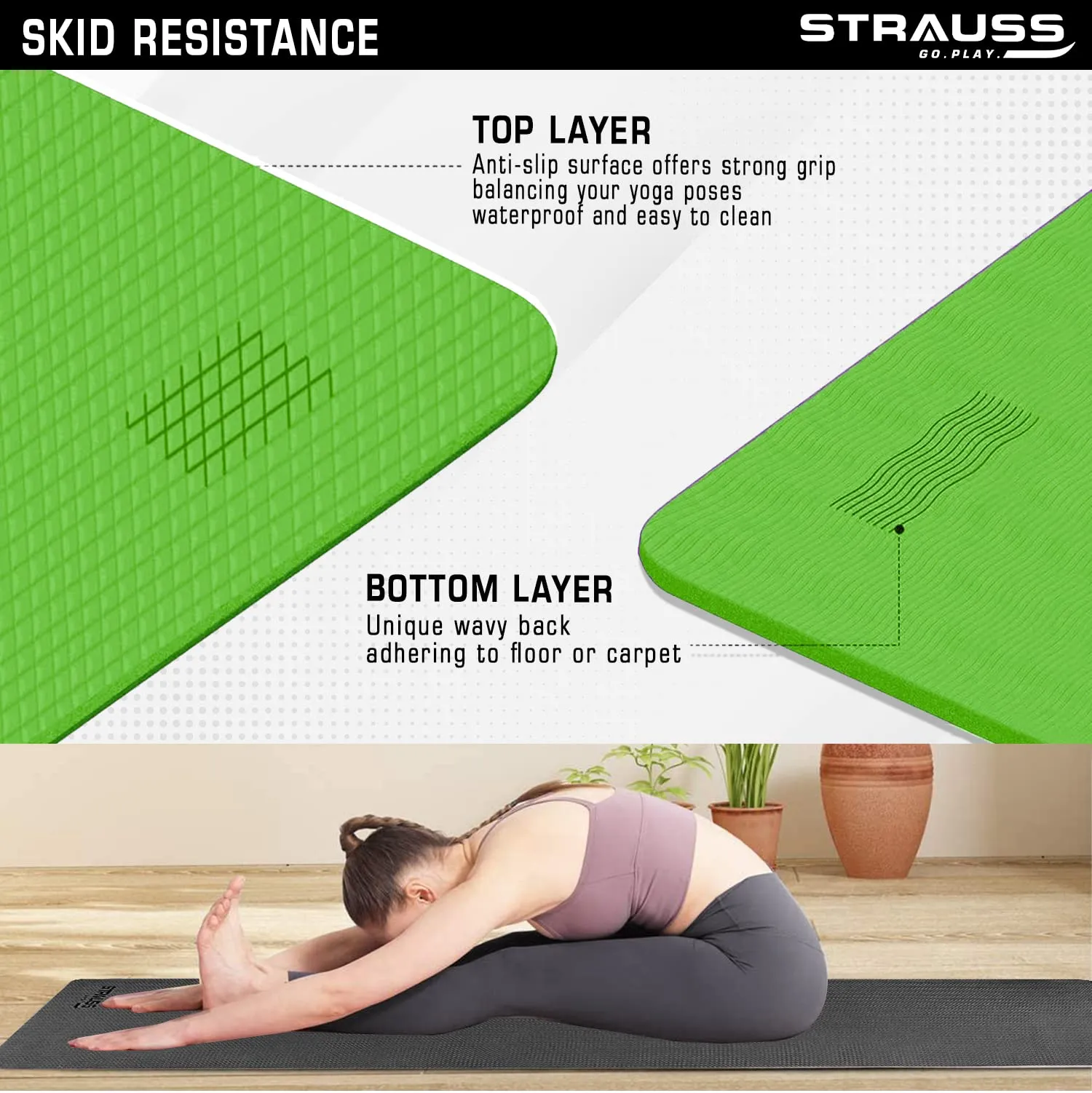 Strauss Anti Skid EVA Yoga Mat with Carry Strap, 6mm, (Green)