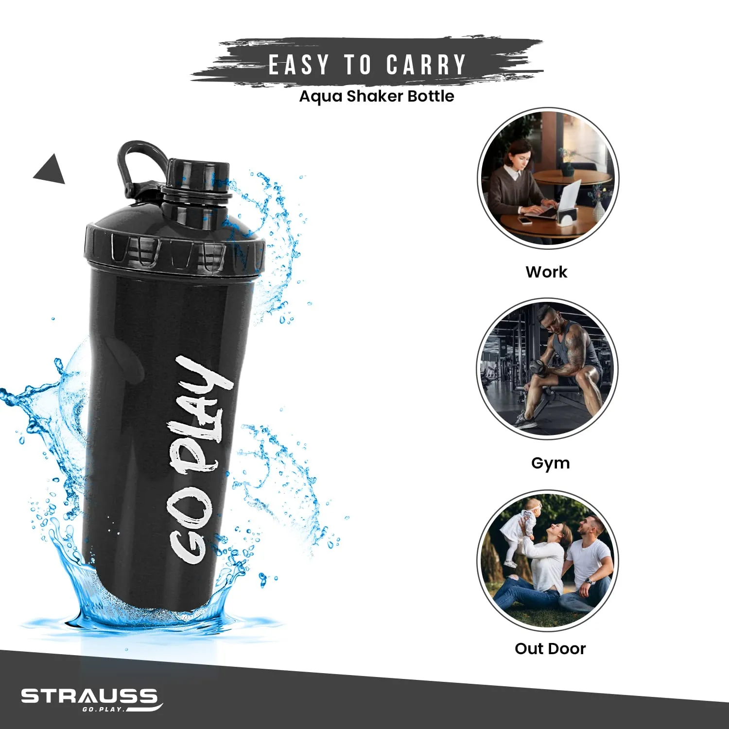 STRAUSS Aqua Shaker Bottle | 100% BPA- Free | Leakproof Shaker For Protein Shake | Ideal For Pre- Post Workout Shake| For Both Men and Women | 700ml, (Black)