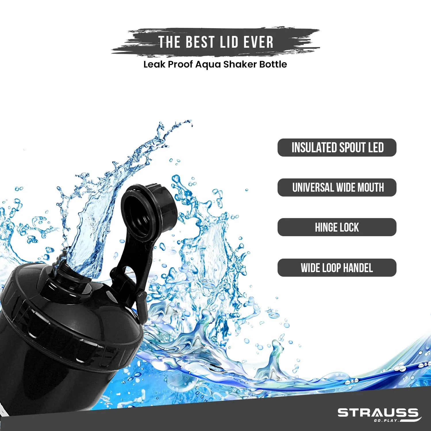 STRAUSS Aqua Shaker Bottle | 100% BPA- Free | Leakproof Shaker For Protein Shake | Ideal For Pre- Post Workout Shake| For Both Men and Women | 700ml, (Black)