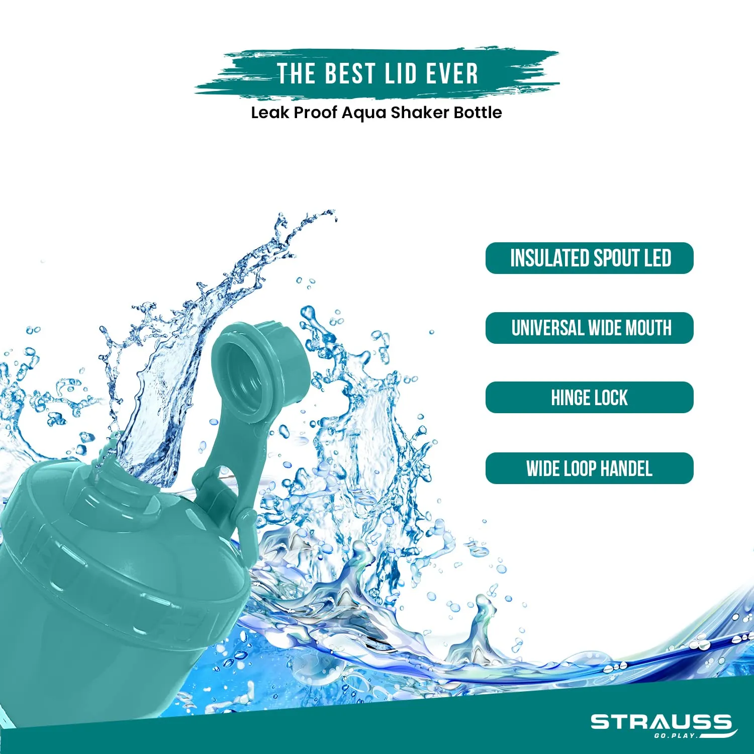 STRAUSS Aqua Shaker Bottle | 100% BPA- Free | Leakproof Shaker for Protein Shake |Ideal Pre-Post Workout Shake|Blender Bottle for Smoothies & Shakes | Ideal for Both Men and Women | 700ml,(Aqua Green)