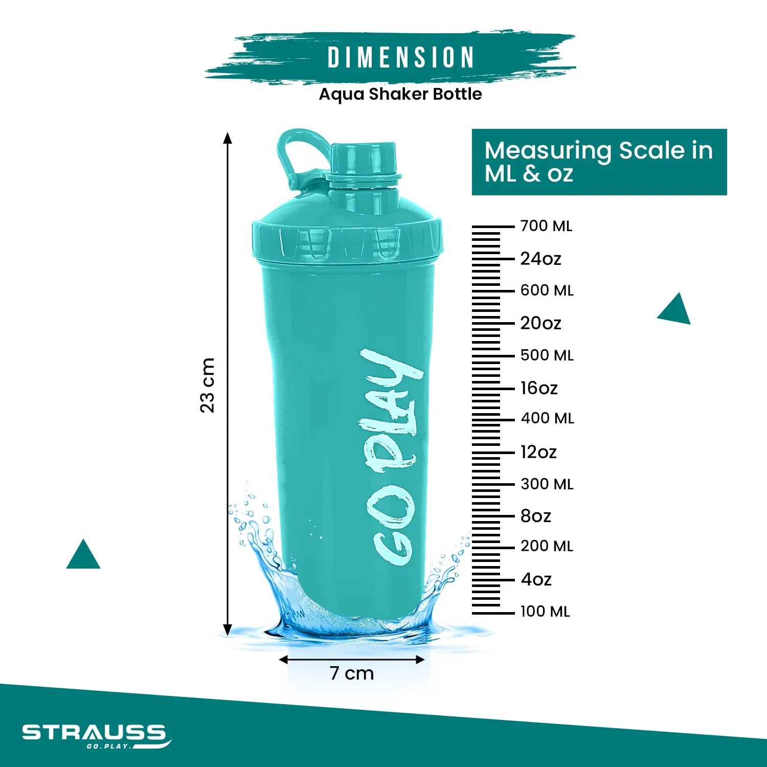 STRAUSS Aqua Shaker Bottle | 100% BPA- Free | Leakproof Shaker for Protein Shake |Ideal Pre-Post Workout Shake|Blender Bottle for Smoothies & Shakes | Ideal for Both Men and Women | 700ml,(Aqua Green)