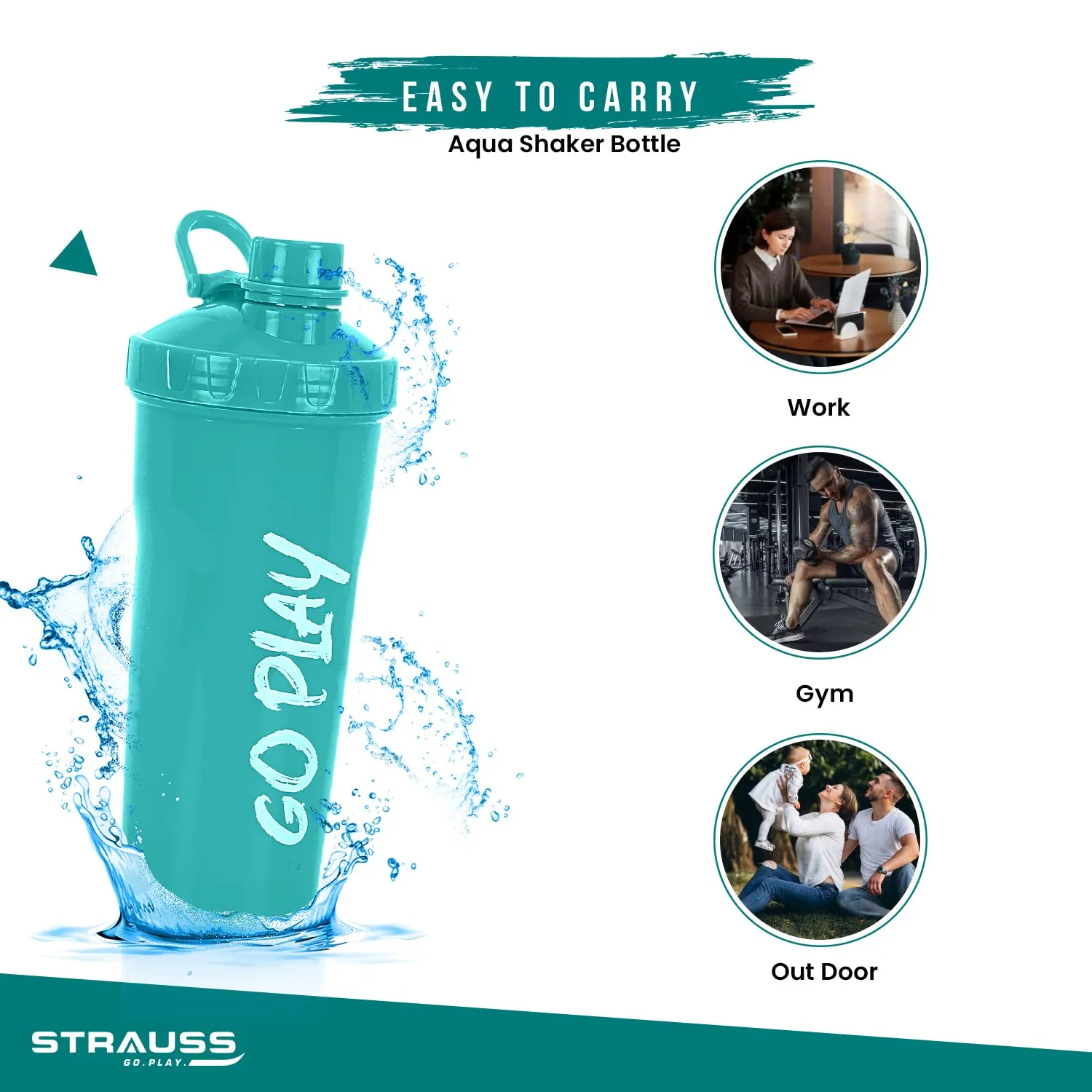 STRAUSS Aqua Shaker Bottle | 100% BPA- Free | Leakproof Shaker for Protein Shake |Ideal Pre-Post Workout Shake|Blender Bottle for Smoothies & Shakes | Ideal for Both Men and Women | 700ml,(Aqua Green)