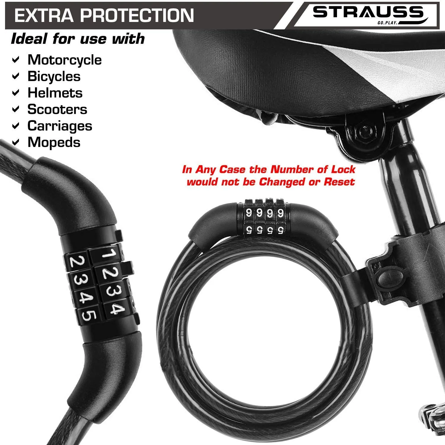 Strauss Bicycle Frame Bag, (Black) and Cycle/Bicycle/Helmet Multi Purpose Number Lock, (Black)