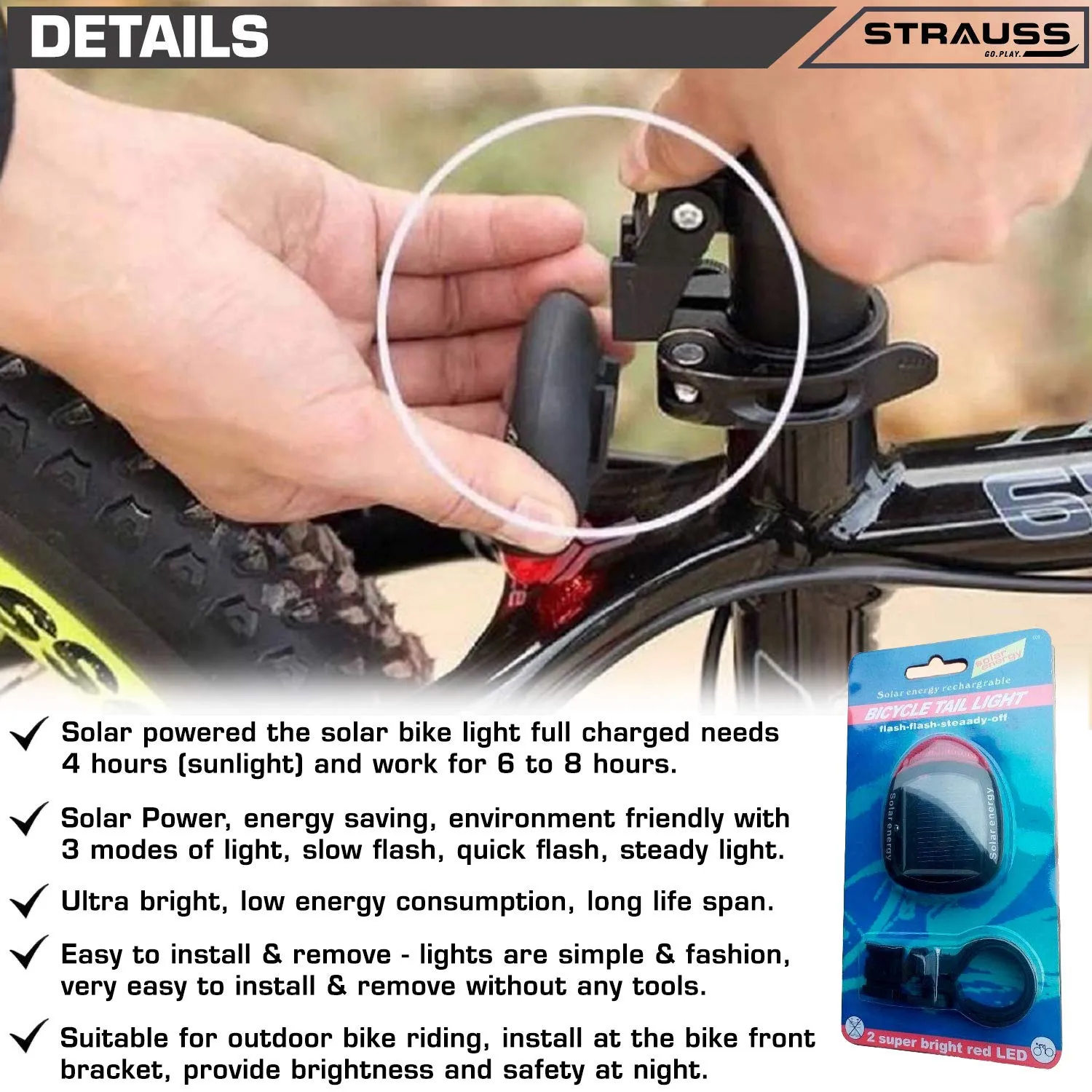 Strauss Bicycle Solar Tail Light and Bicycle Flash Tail Light with Laser (Black)