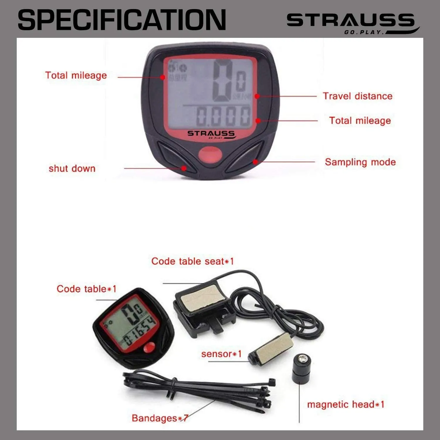 Strauss Bicycle Solar Tail Light and Bicycle Speedometer, (Black/Red)