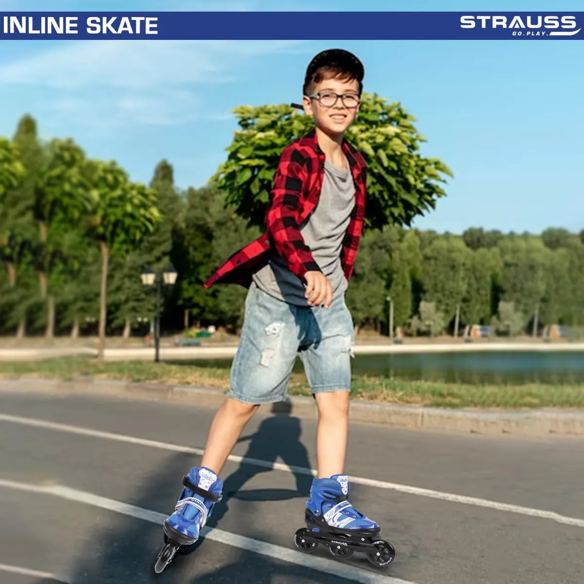 STRAUSS Blaze Adjustable Size Inline Skates | Skating Shoes for Boys & Girls | 3 Wheels |Beginner-Friendly Skating Shoe | Adjustable Roller Blades | Enhanced Stability and Support| Size L,(Blue)