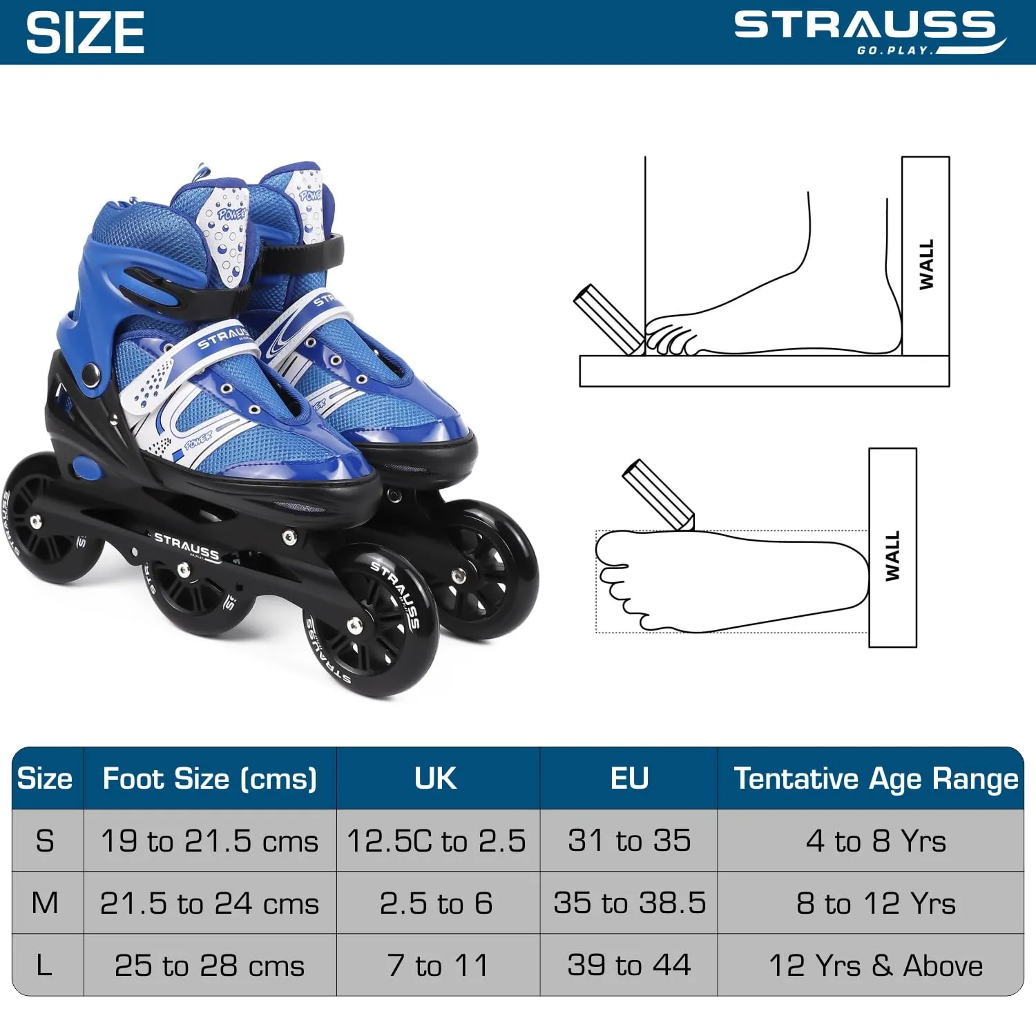 STRAUSS Blaze Adjustable Size Inline Skates | Skating Shoes for Boys & Girls | 3 Wheels |Beginner-Friendly Skating Shoe | Adjustable Roller Blades | Enhanced Stability and Support| Size L,(Blue)