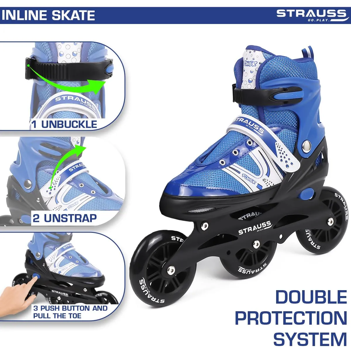 STRAUSS Blaze Adjustable Size Inline Skates | Skating Shoes for Boys & Girls | 3 Wheels |Beginner-Friendly Skating Shoe | Adjustable Roller Blades | Enhanced Stability and Support| Size L,(Blue)