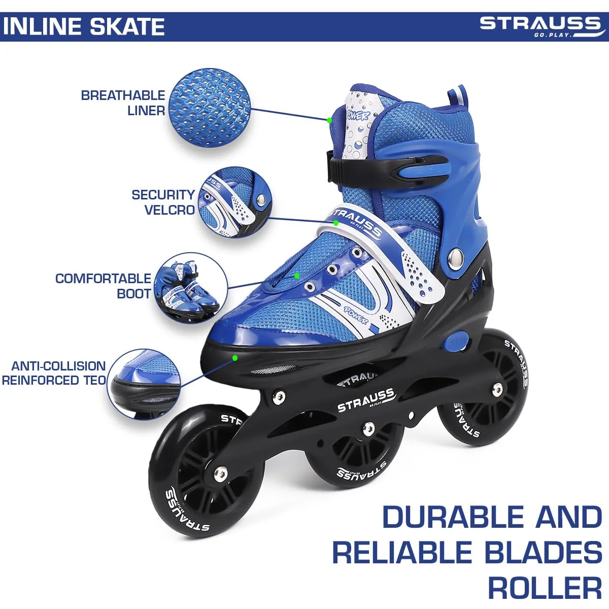 STRAUSS Blaze Adjustable Size Inline Skates | Skating Shoes for Boys & Girls | 3 Wheels |Beginner-Friendly Skating Shoe | Adjustable Roller Blades | Enhanced Stability and Support| Size L,(Blue)