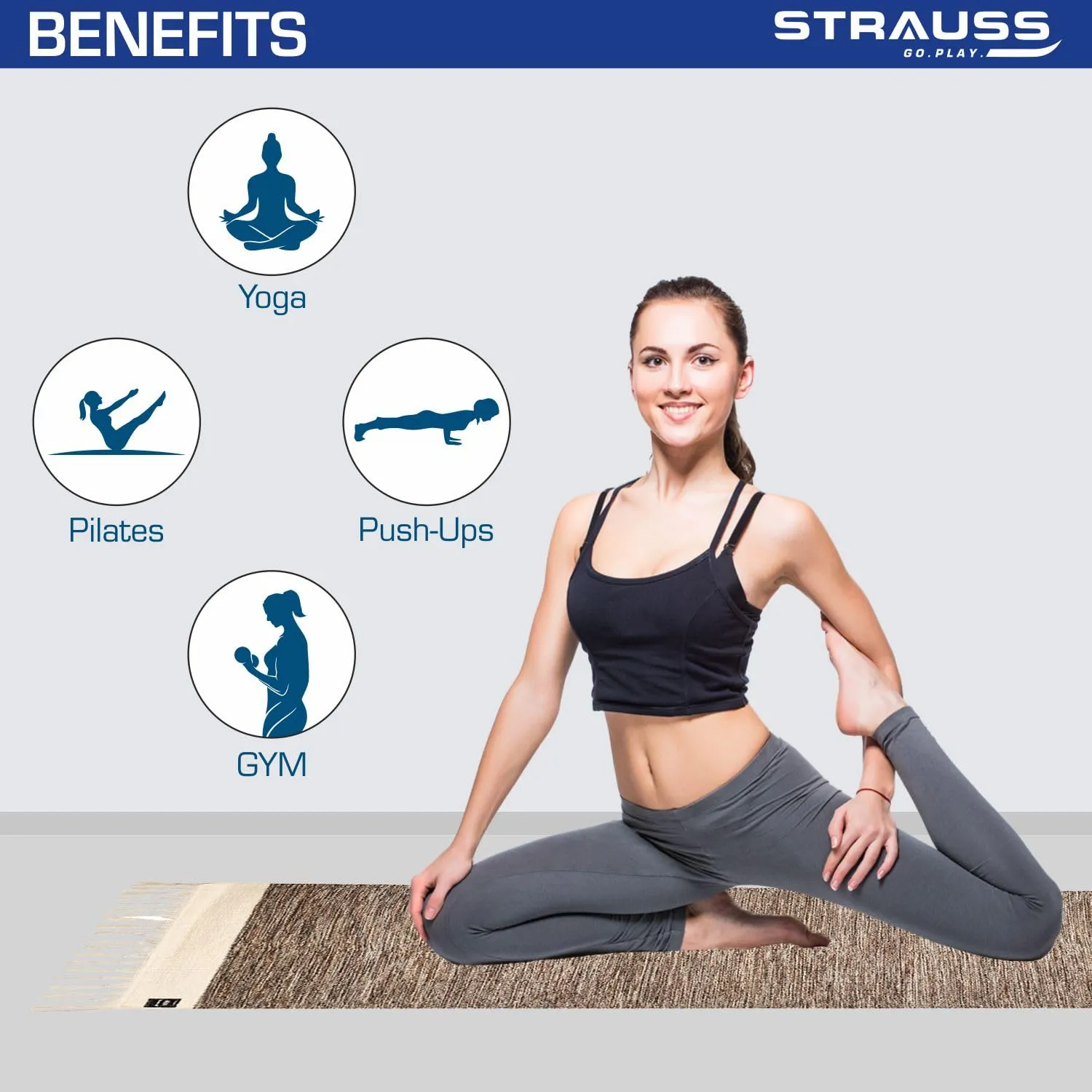 STRAUSS: Cotton Yoga Mat with Carry Bag For Women and Men | Exercise mat for home workout, Anti Slip Fitness mat | Washable, Breathable, Sweat Absorbent & Eco-friendly material - 2X6ft, Brown