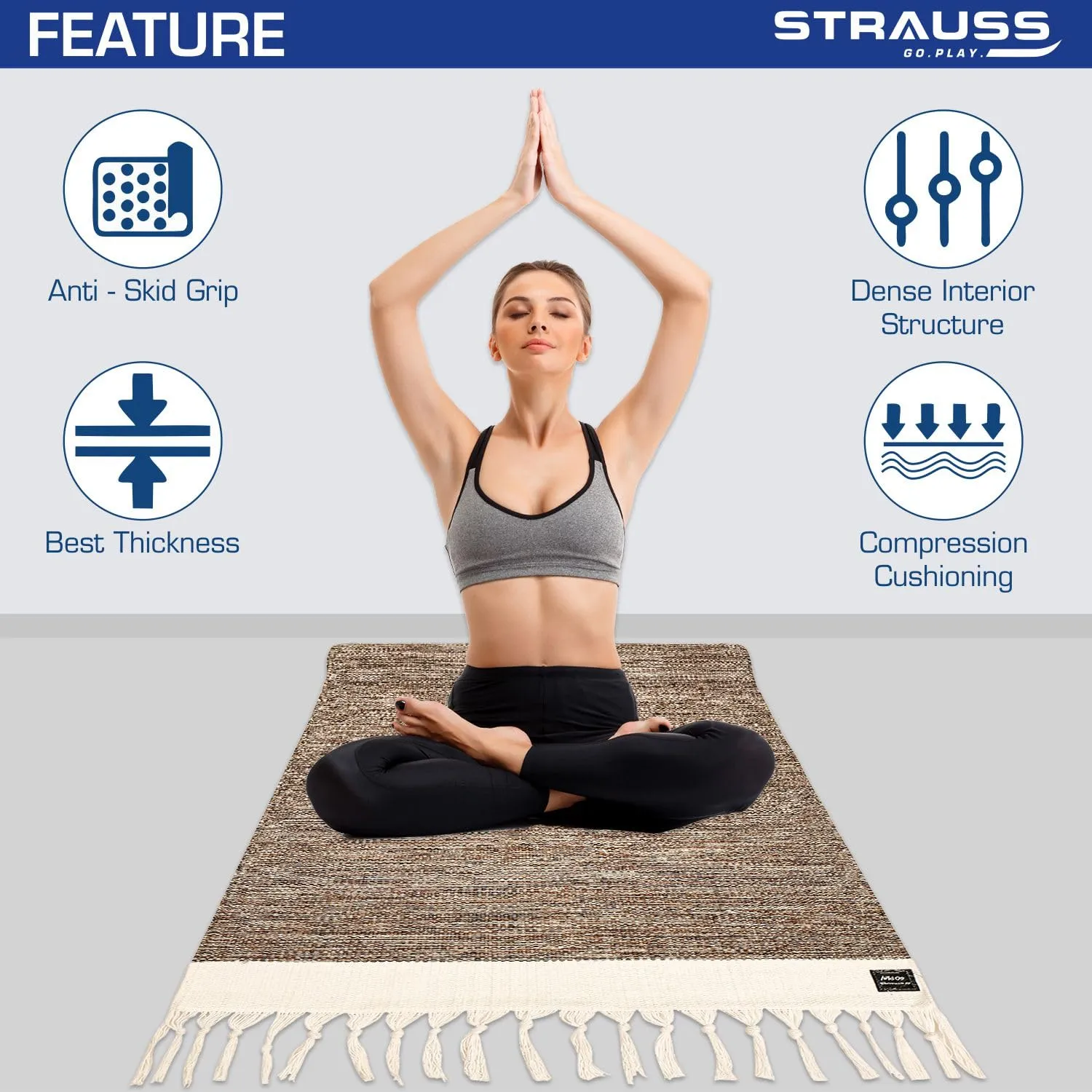 STRAUSS: Cotton Yoga Mat with Carry Bag For Women and Men | Exercise mat for home workout, Anti Slip Fitness mat | Washable, Breathable, Sweat Absorbent & Eco-friendly material - 2X6ft, Brown