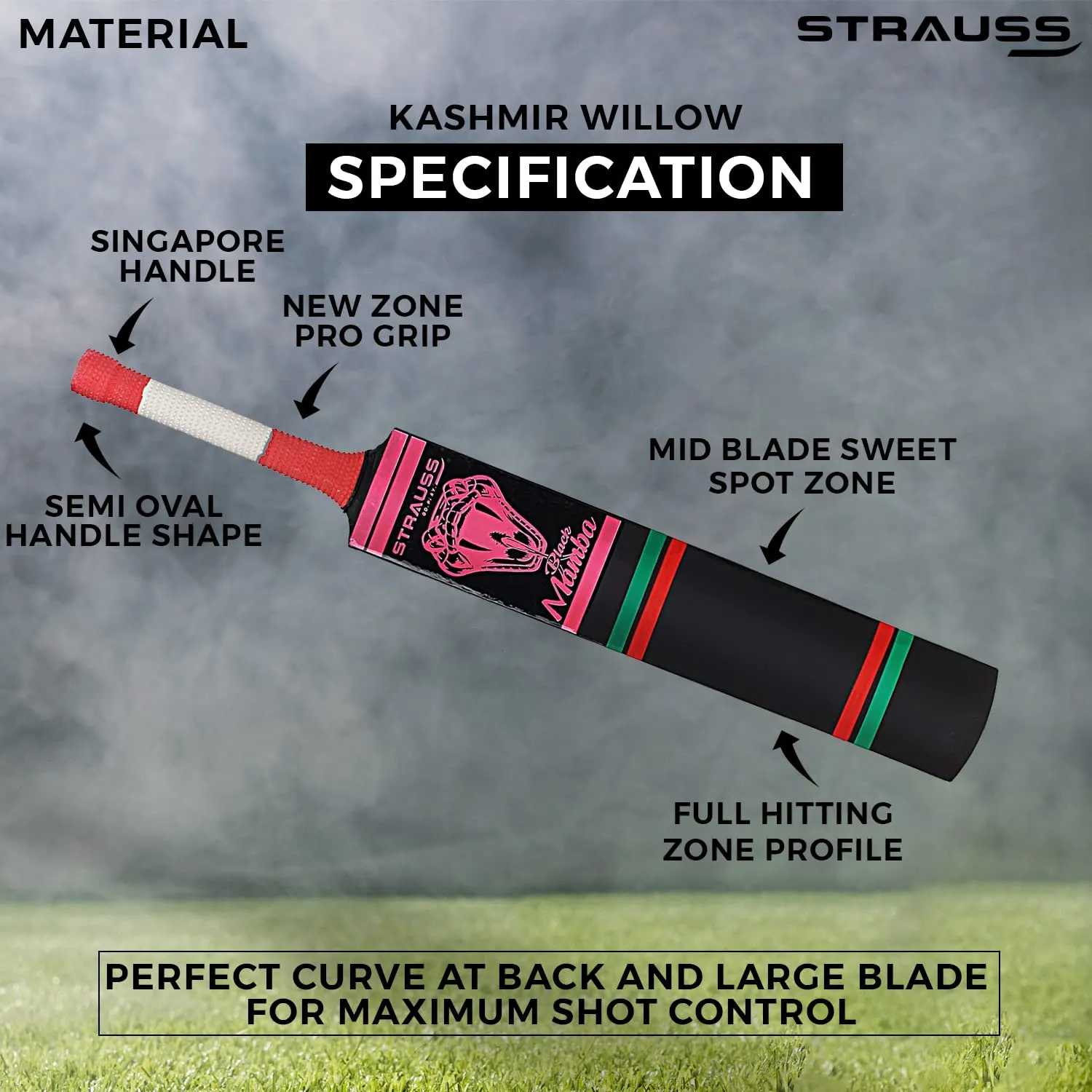 Strauss Cricket Bat | Edition: Black Mamba | Kashmir Willow | Black Mamba Tennis Cricket Bat | Full Size | Color: Black | Tennis Ball Cricket Bat