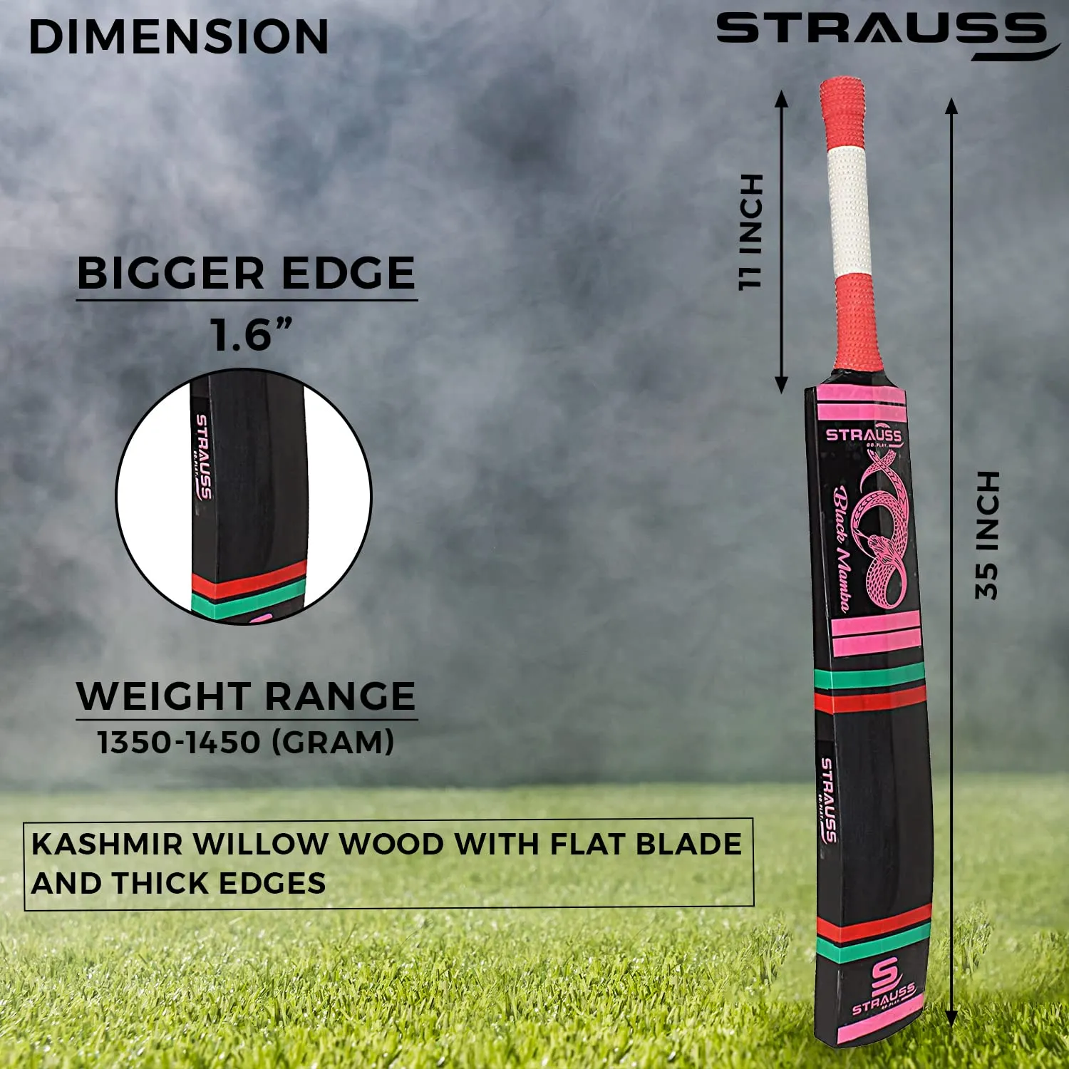 Strauss Cricket Bat | Edition: Black Mamba | Kashmir Willow | Black Mamba Tennis Cricket Bat | Full Size | Color: Black | Tennis Ball Cricket Bat