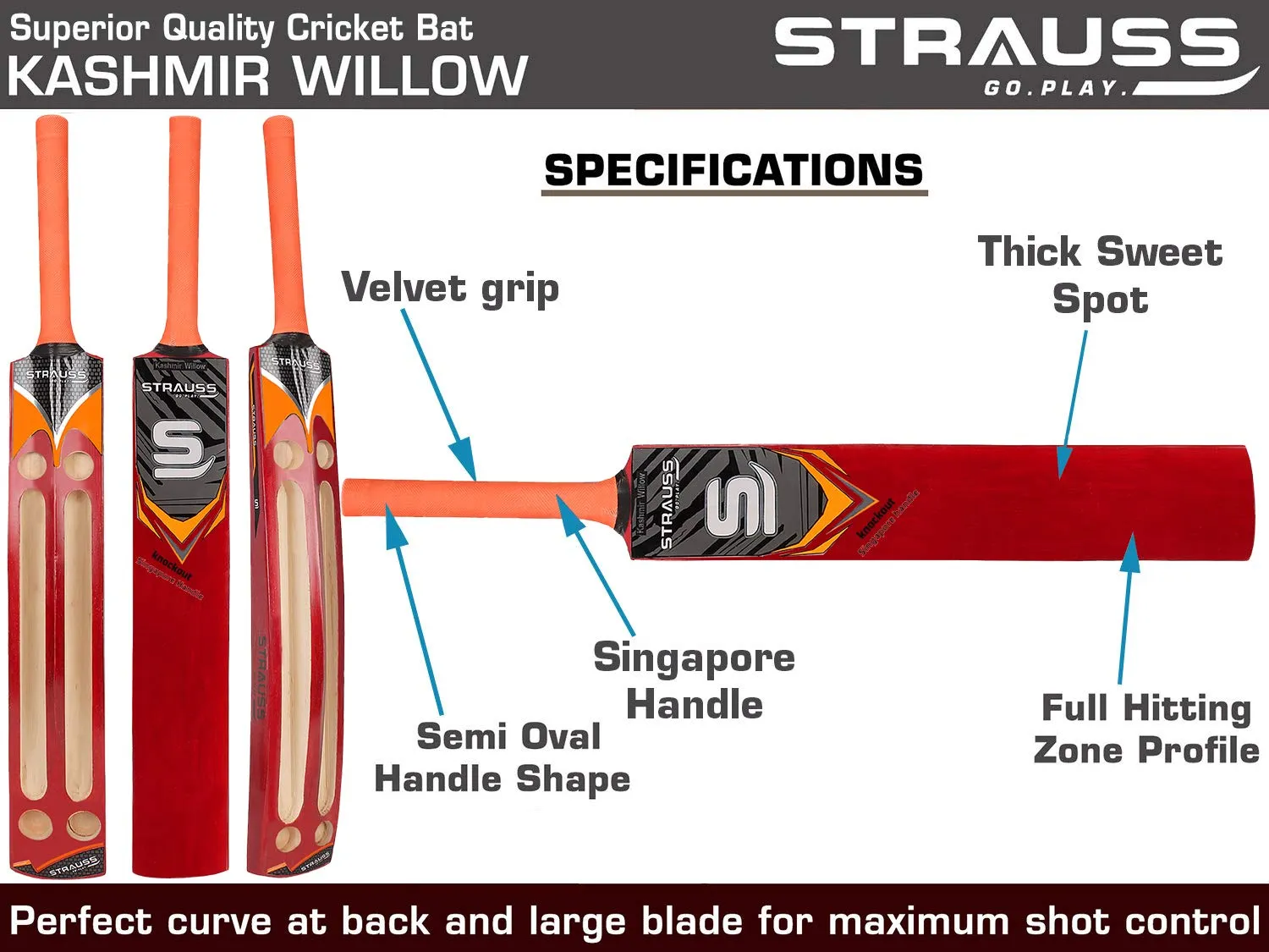 Strauss Knockout Scoop Tennis Cricket Bat,Full Duco,Red, (Singapur Handle)