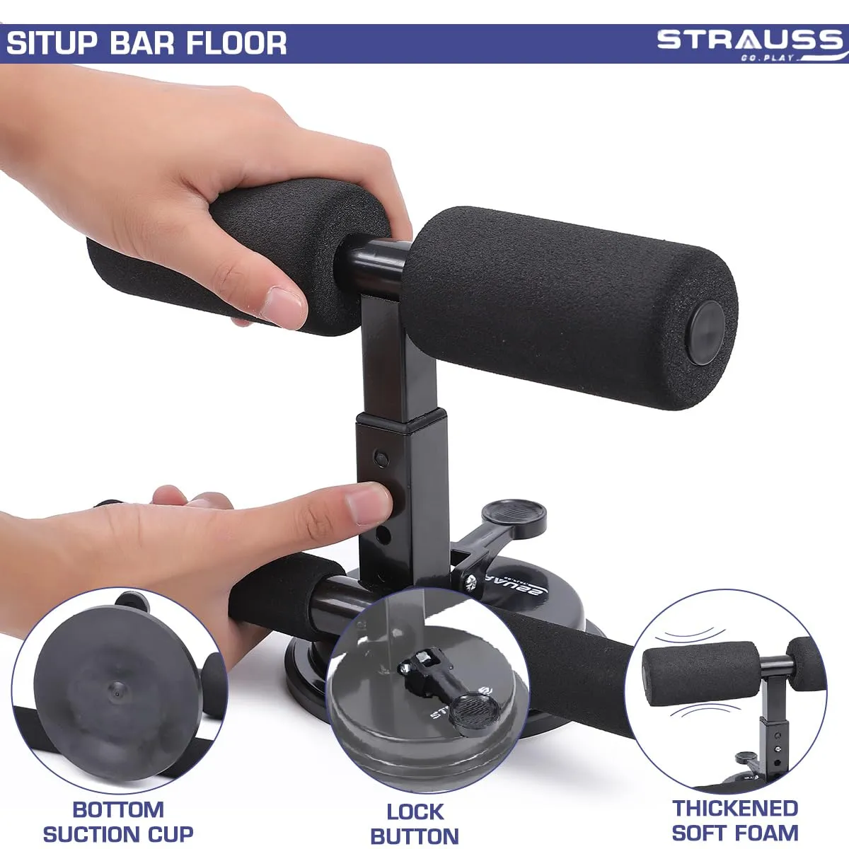 STRAUSS Sit-Up Bar | Portable Sit Up Bar With Foam Handle and Rubber Suction | Sit-ups and Push-ups Assistant Device For Weight Loss | Ideal For Abs Home Workout & Abdominal Curl Exercise Trainer,(Black)