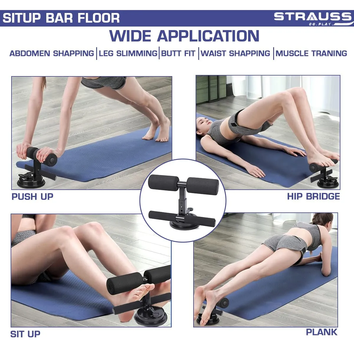 STRAUSS Sit-Up Bar | Portable Sit Up Bar With Foam Handle and Rubber Suction | Sit-ups and Push-ups Assistant Device For Weight Loss | Ideal For Abs Home Workout & Abdominal Curl Exercise Trainer,(Black)