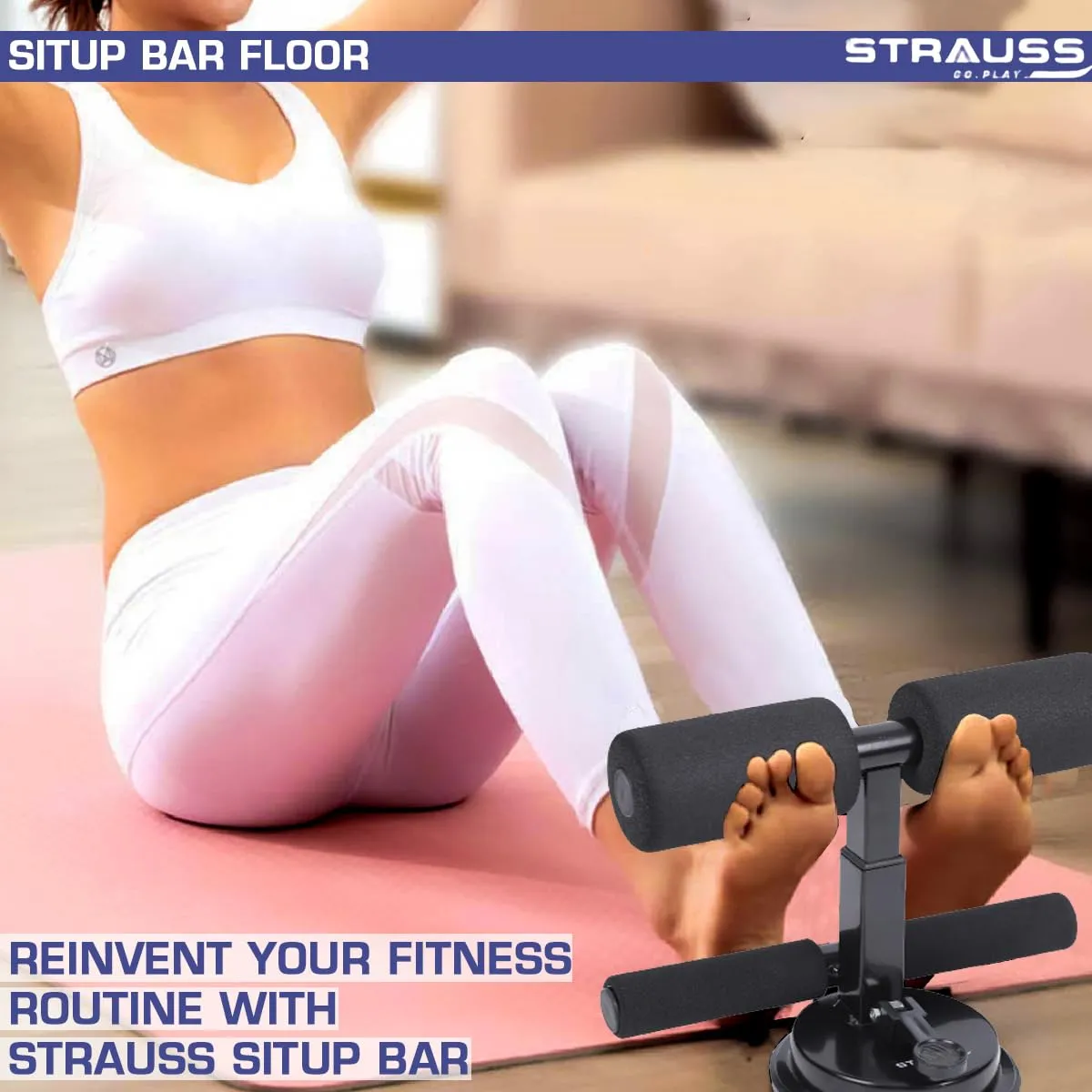 STRAUSS Sit-Up Bar | Portable Sit Up Bar With Foam Handle and Rubber Suction | Sit-ups and Push-ups Assistant Device For Weight Loss | Ideal For Abs Home Workout & Abdominal Curl Exercise Trainer,(Black)