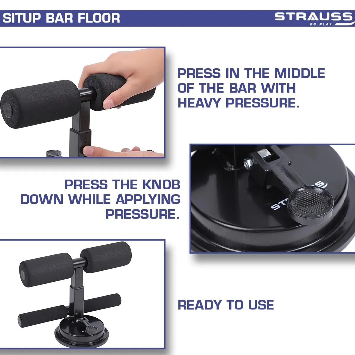 STRAUSS Sit-Up Bar | Portable Sit Up Bar With Foam Handle and Rubber Suction | Sit-ups and Push-ups Assistant Device For Weight Loss | Ideal For Abs Home Workout & Abdominal Curl Exercise Trainer,(Black)