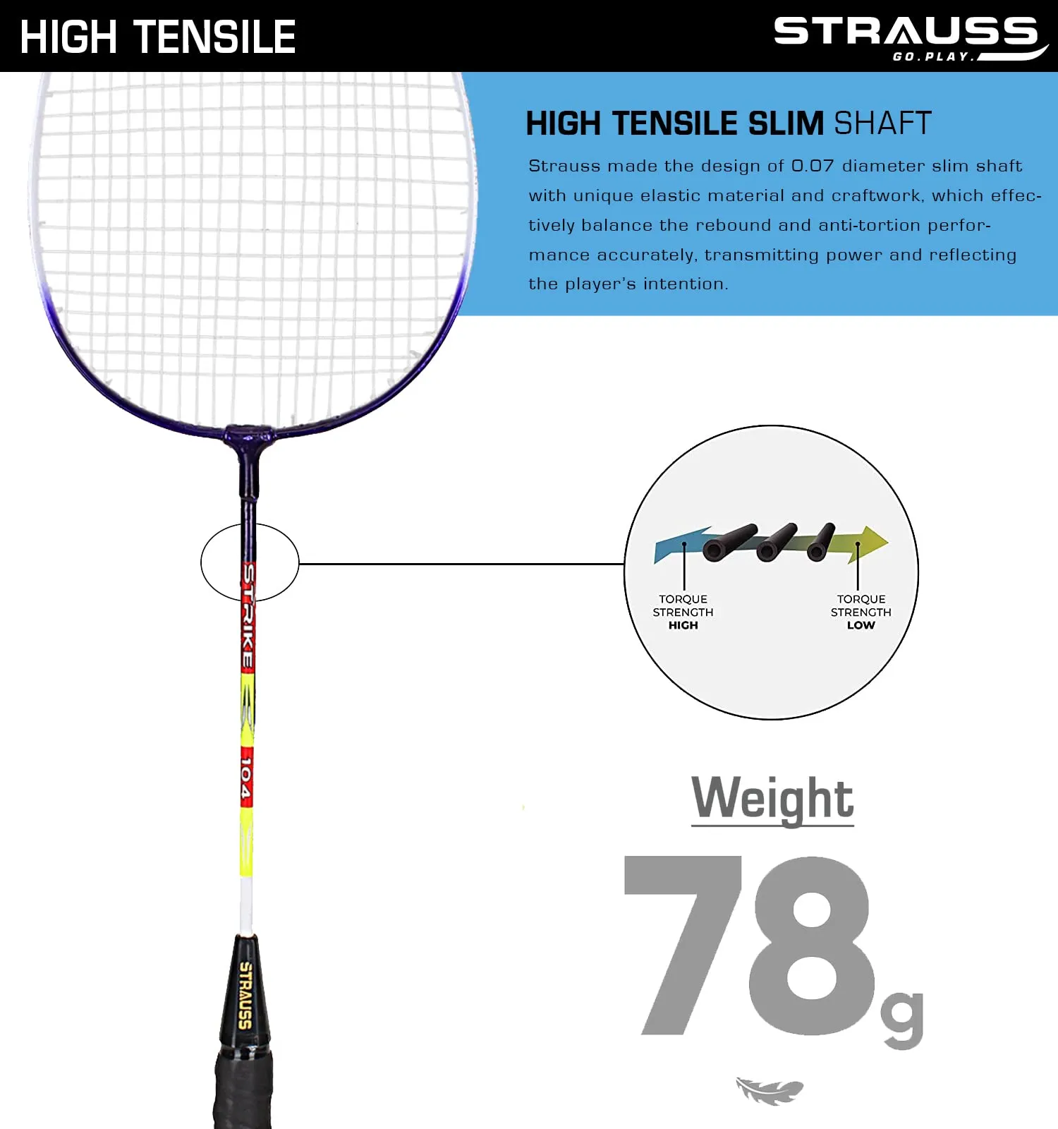 Strauss Strike 104 Badminton Racquet, Single, (Blue/White)