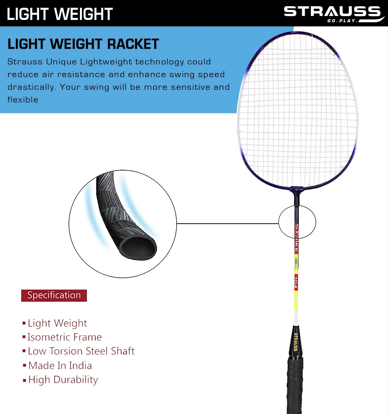 Strauss Strike 104 Badminton Racquet, Single, (Blue/White)