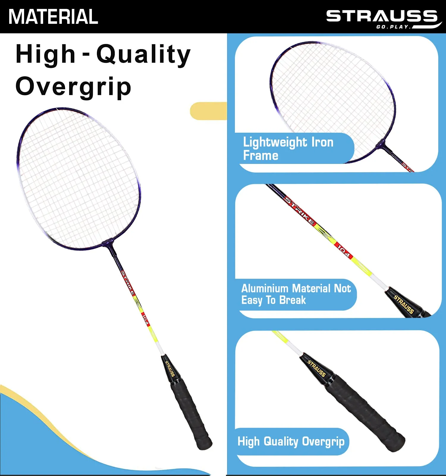 Strauss Strike 104 Badminton Racquet, Single, (Blue/White)