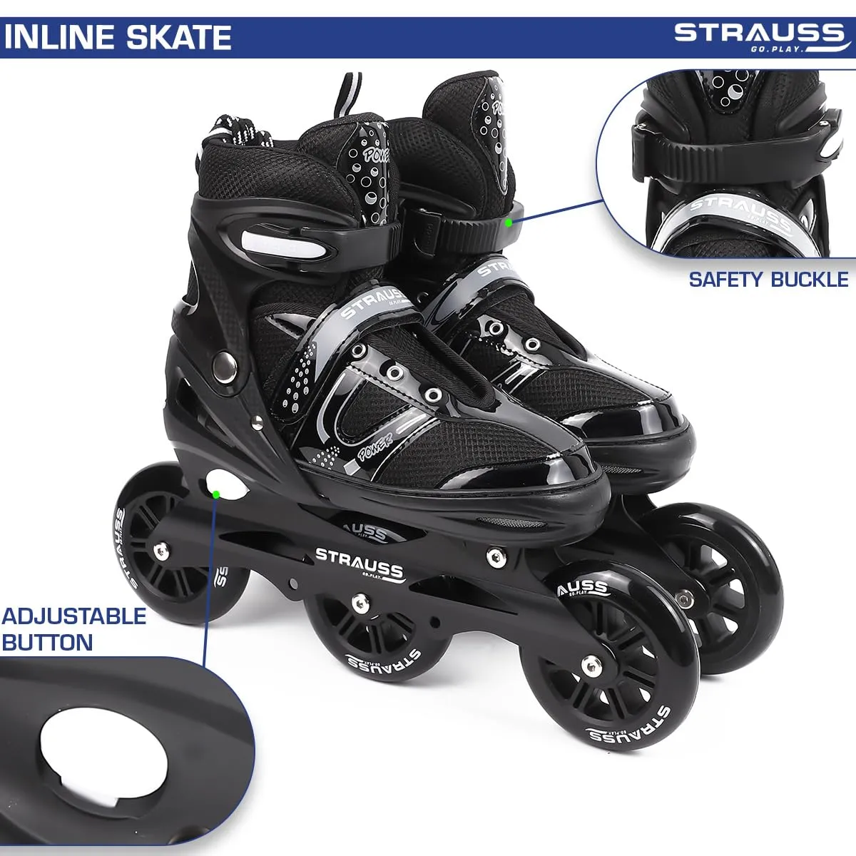 STRAUSS Trinity Adjustable Size Inline Skates | Skating Shoes for Boys & Girls | 3 Wheels |Beginner-Friendly Skating Shoe | Adjustable Roller Blades | Enhanced Stability and Support| Size M,(Black)