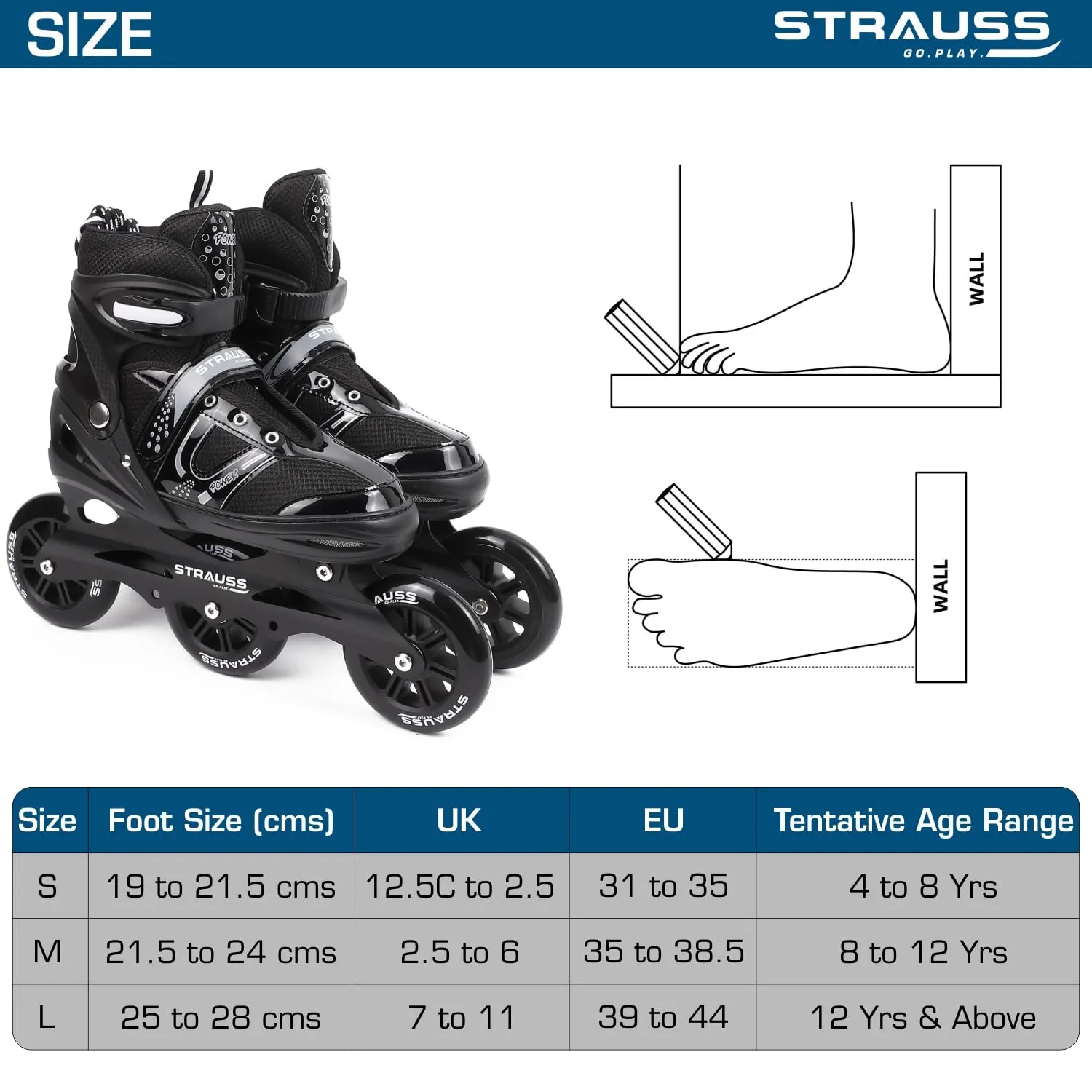 STRAUSS Trinity Adjustable Size Inline Skates | Skating Shoes for Boys & Girls | 3 Wheels |Beginner-Friendly Skating Shoe | Adjustable Roller Blades | Enhanced Stability and Support| Size M,(Black)