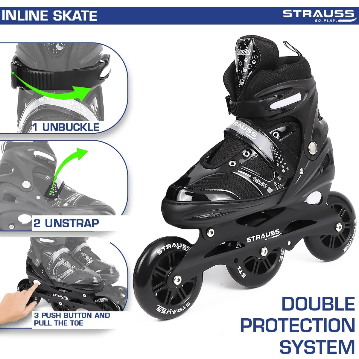 STRAUSS Trinity Adjustable Size Inline Skates | Skating Shoes for Boys & Girls | 3 Wheels |Beginner-Friendly Skating Shoe | Adjustable Roller Blades | Enhanced Stability and Support| Size M,(Black)