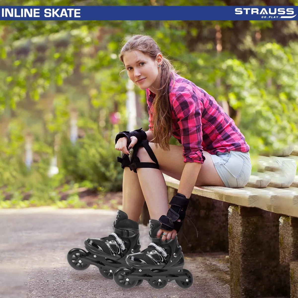 STRAUSS Trinity Adjustable Size Inline Skates | Skating Shoes for Boys & Girls | 3 Wheels |Beginner-Friendly Skating Shoe | Adjustable Roller Blades | Enhanced Stability and Support| Size M,(Black)