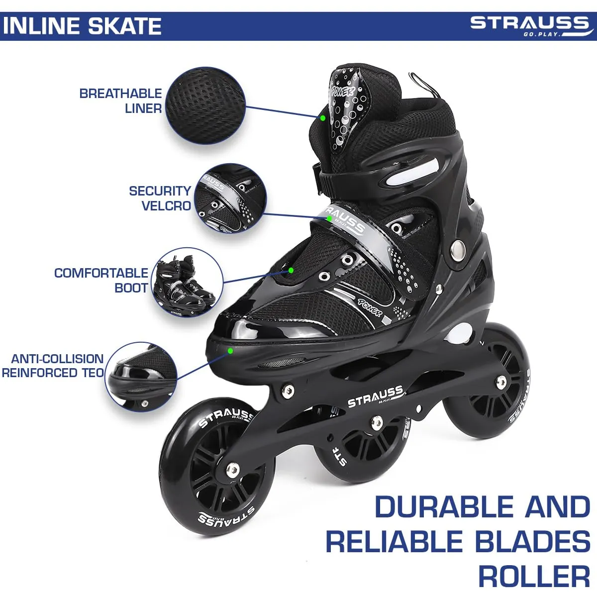 STRAUSS Trinity Adjustable Size Inline Skates | Skating Shoes for Boys & Girls | 3 Wheels |Beginner-Friendly Skating Shoe | Adjustable Roller Blades | Enhanced Stability and Support| Size M,(Black)