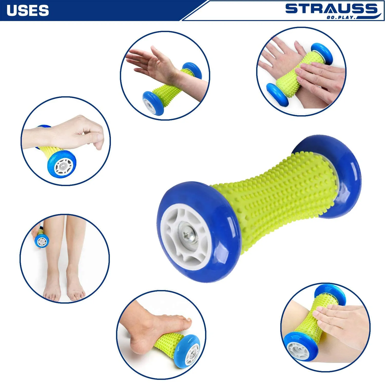 Strauss Yoga Foam Roller, 30cm (Blue) and Foot/Hand Massage Roller