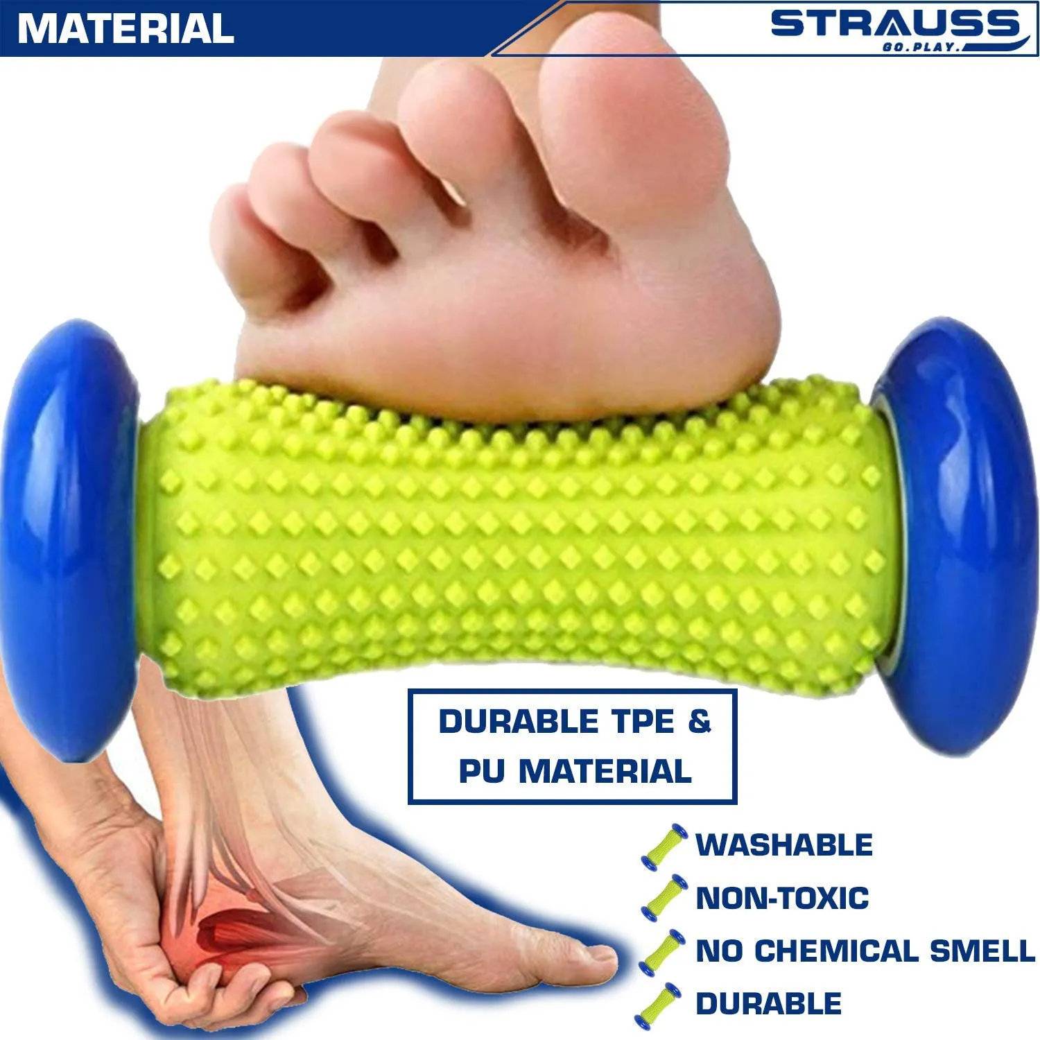 Strauss Yoga Foam Roller, 30cm (Blue) and Foot/Hand Massage Roller