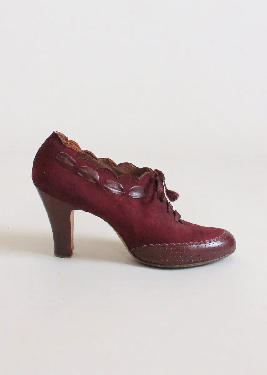 Vintage 1930s Burgundy Suede and Leather Lace Up Shoes