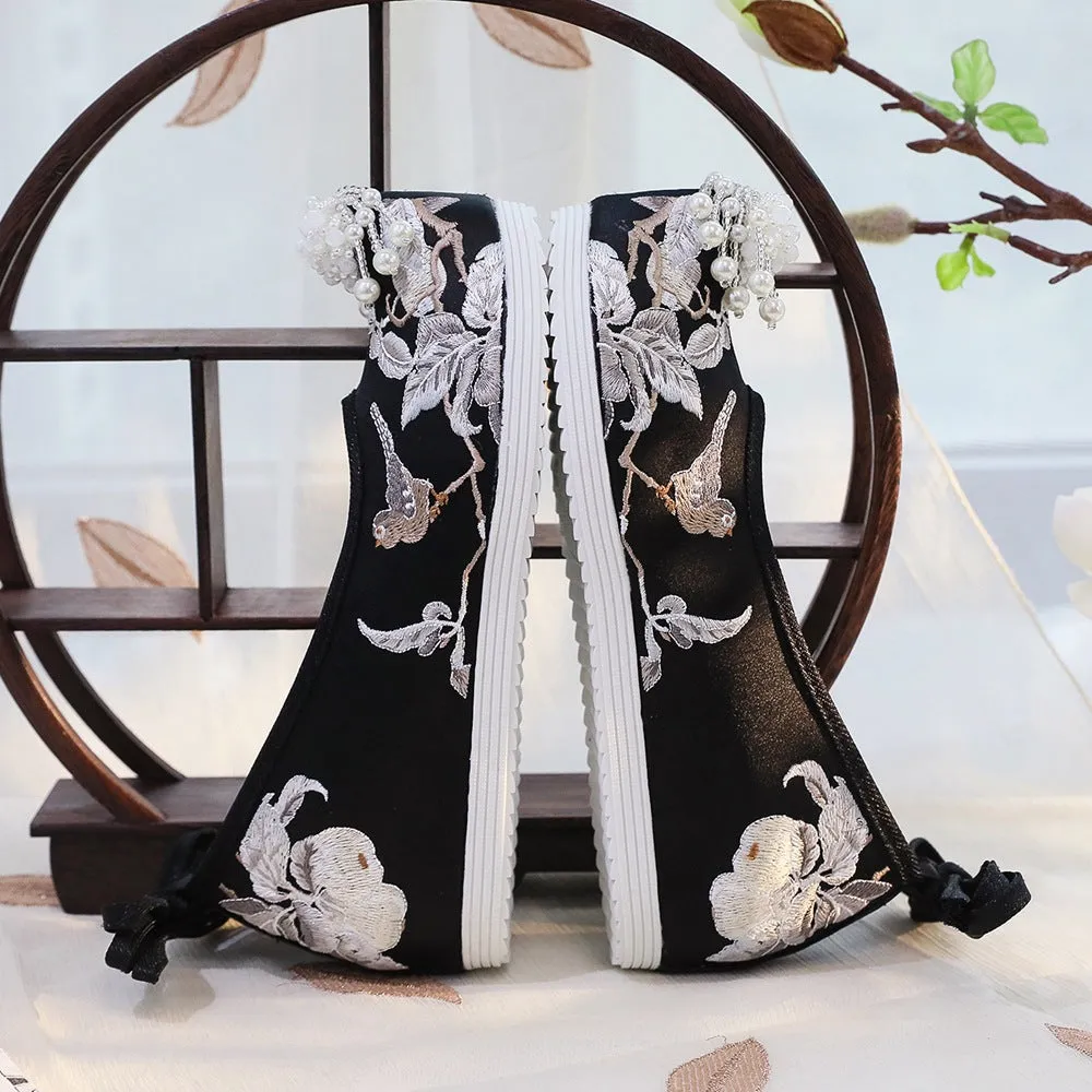 Women's Black Ancient Cloth Style Increased National Canvas Shoes