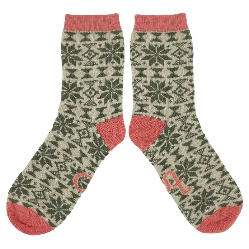 Women's Lambswool Fair Isle Ankle Socks - Green