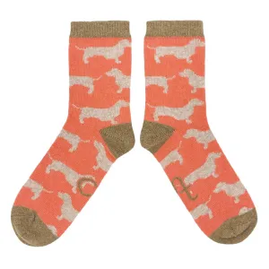 Women's Lambswool Sausage Dog Ankle Socks - Coral