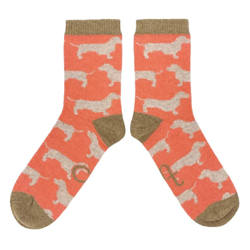 Women's Lambswool Sausage Dog Ankle Socks - Coral