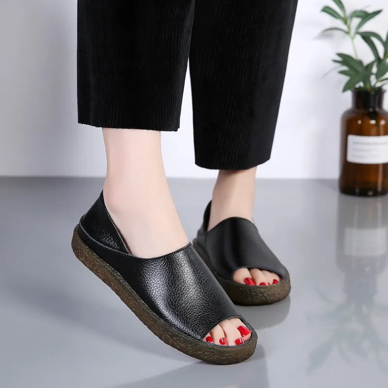 Women's leather platform fashion slip-on walking sandals