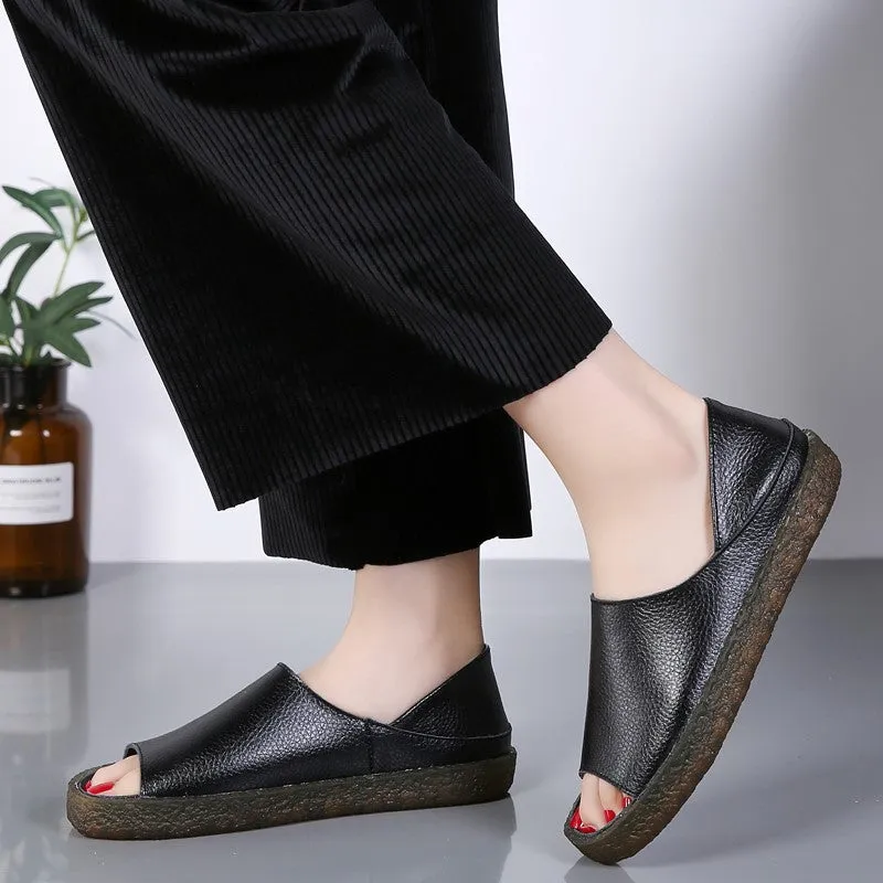 Women's leather platform fashion slip-on walking sandals