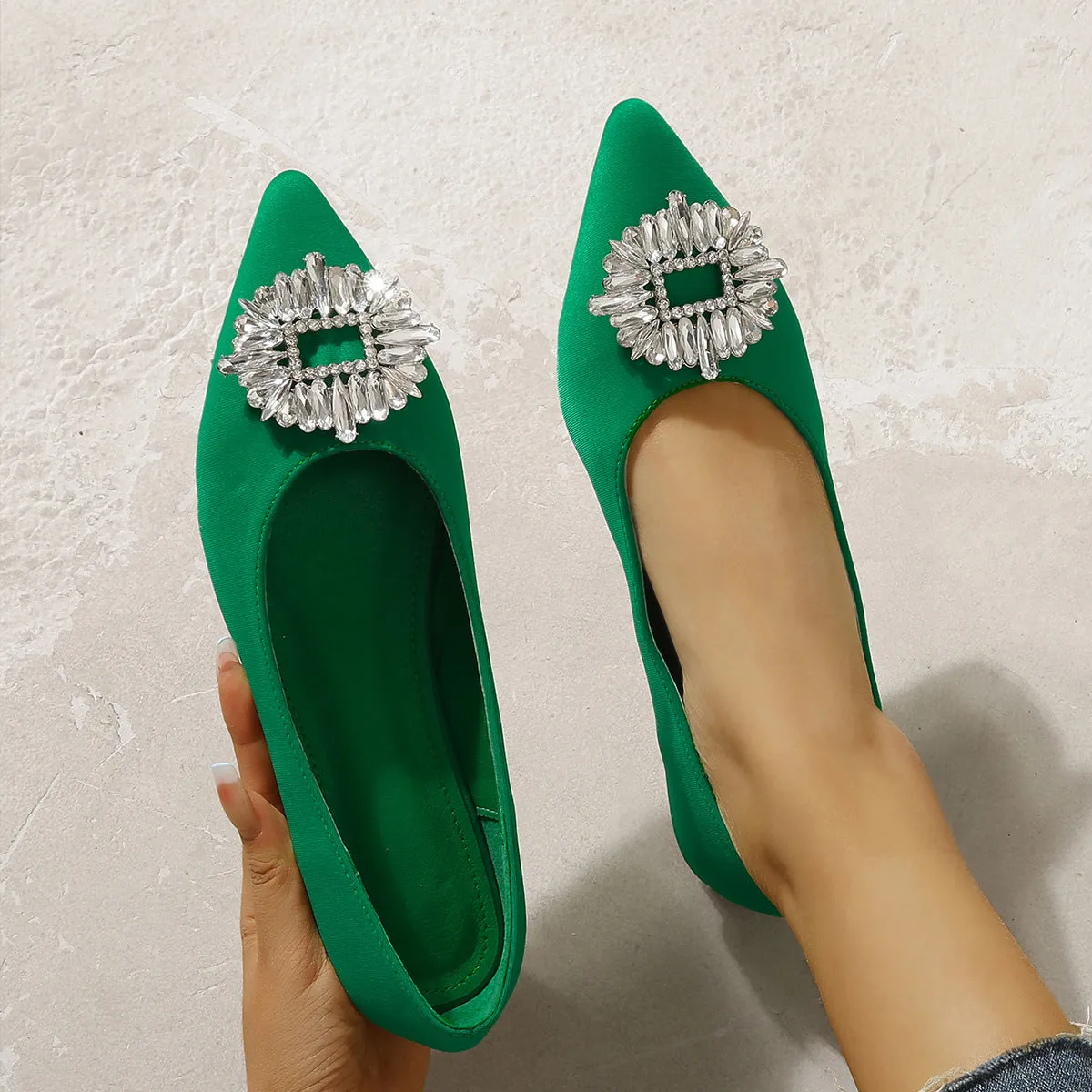 Women's Rhinestone Ballet Flats Fashion Solid Color Pointed Toe Slip Soft Sole Walking Shoes