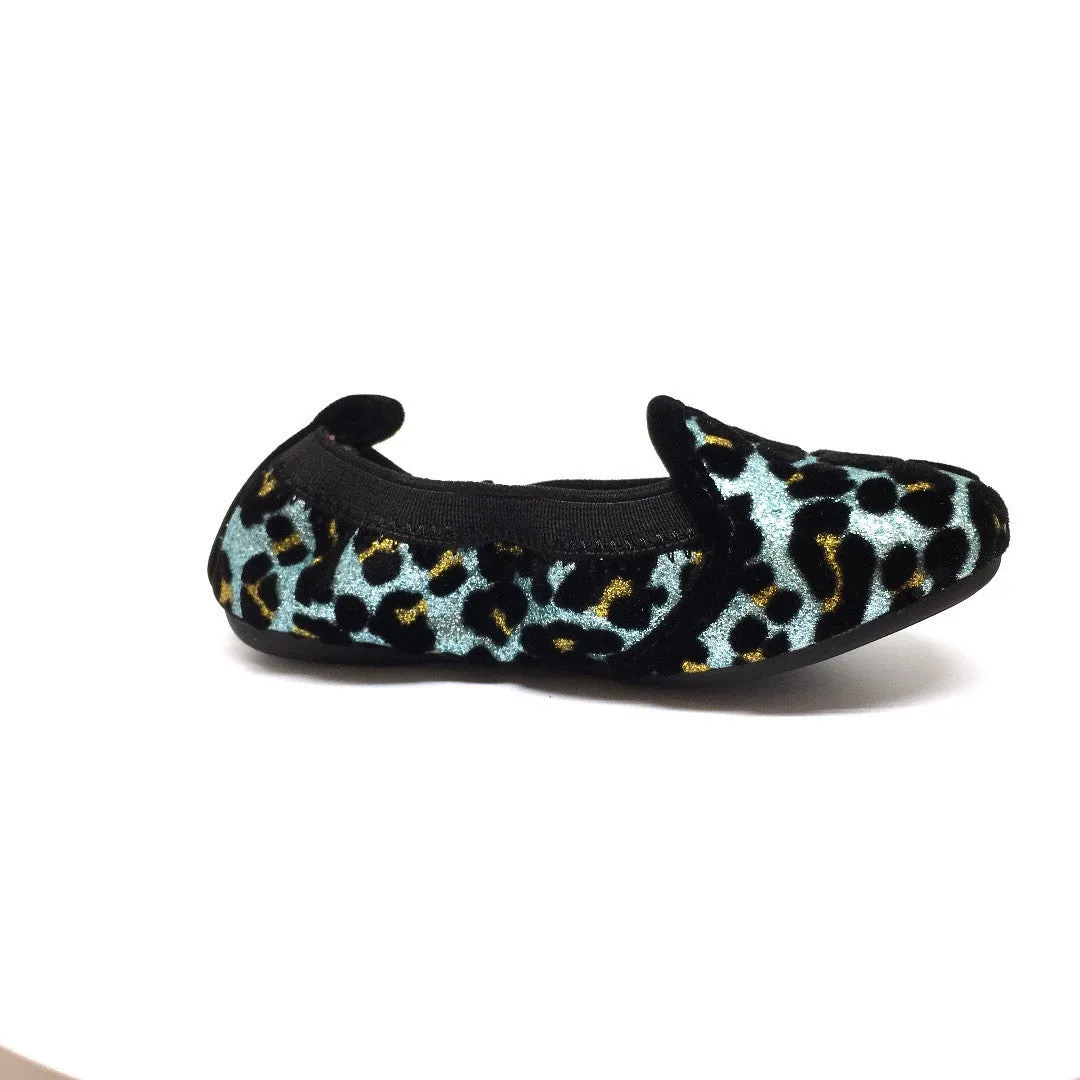 Yosi Samra Girl's Blue Topaz Leopard Print Leather Lined Elastic Foldable Non-Smoking Loafer