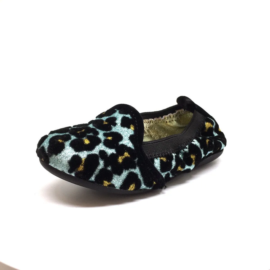 Yosi Samra Girl's Blue Topaz Leopard Print Leather Lined Elastic Foldable Non-Smoking Loafer