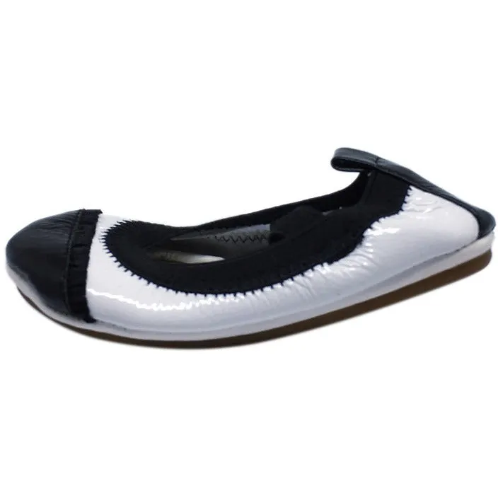 Yosi Samra Girl's Sammie White & Black Patent Leather Elastic Foldable Ballet Flats